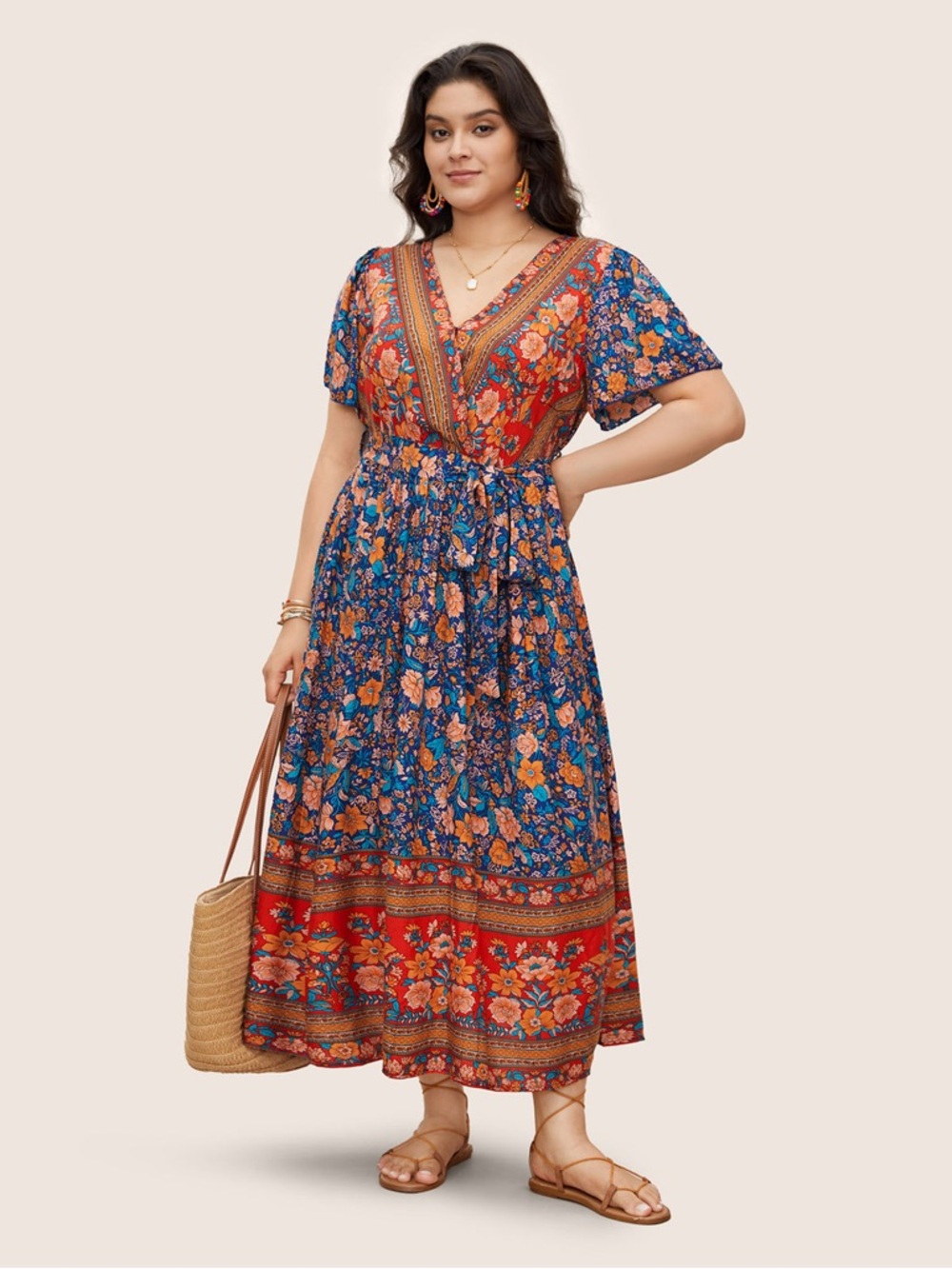 BloomChic Floral Border V-Neck Maxi Dress in Blue and Red